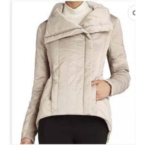 BCBG‎ MaxAzria Women's LG Down Puffer Zip up Jacket Coat in Oatmeal Tan Satin